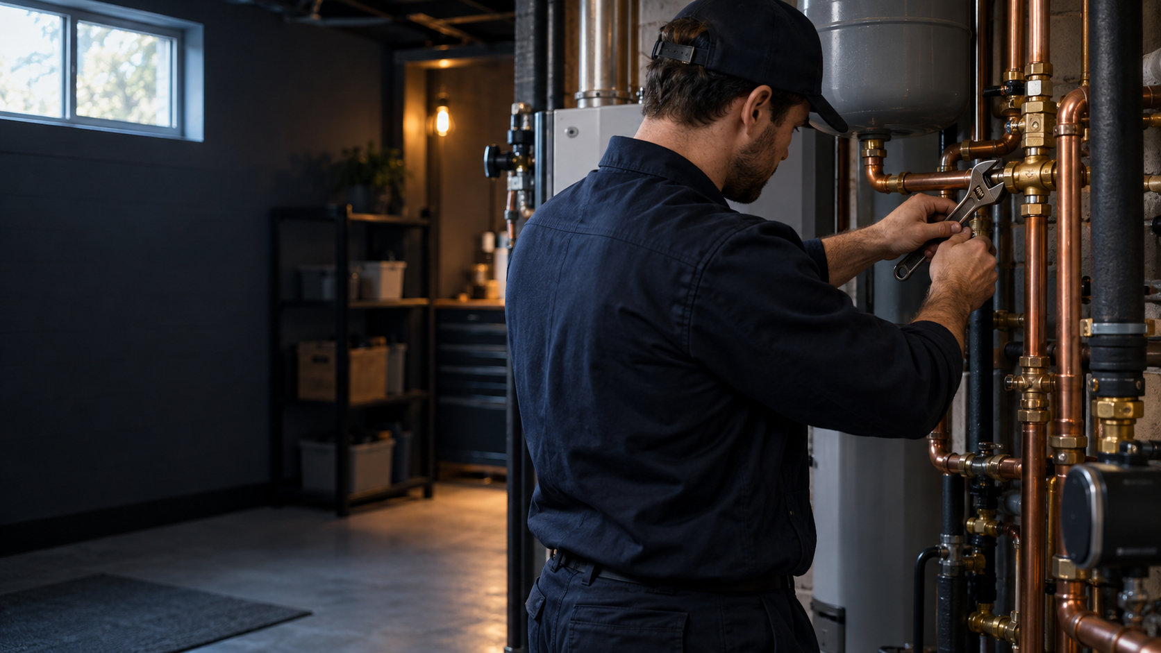 Plumbing professional working on residential copper pipework